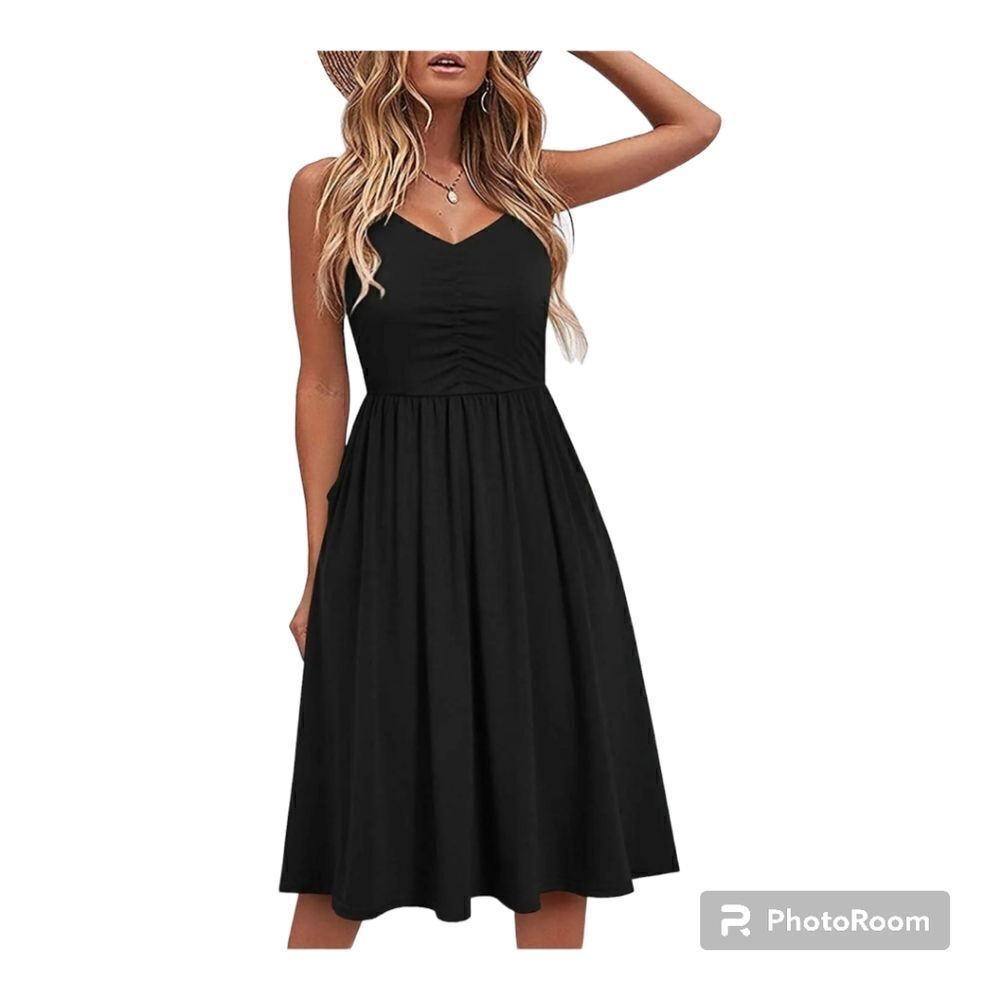 YATHON Casual Sleeveless Summer Beach Dress A Line W Pockets Black Size S